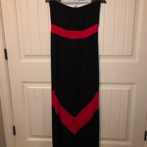 Black and red strapless maxi dress